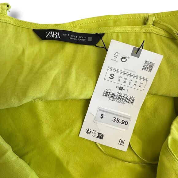 Zara NWT Satin Cropped Cowl Neck Top Womens Size S Neon Green - Picture 2 of 8